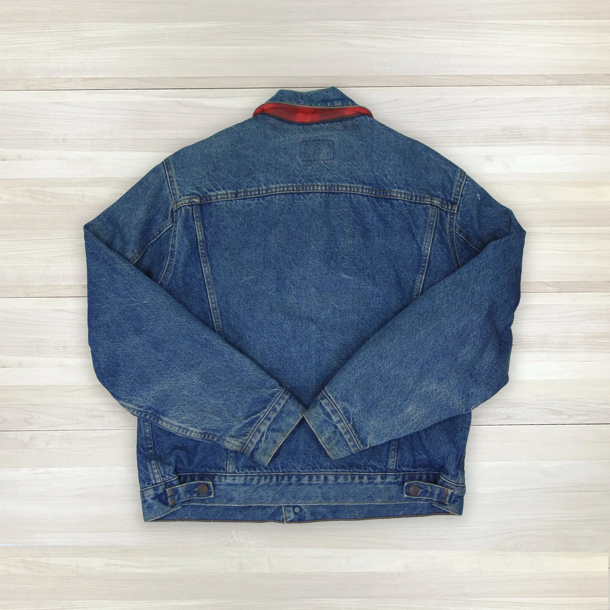Vintage Sears Plain Pockets Buffalo Plaid Lined Denim Trucker Jacket 44 Regular
