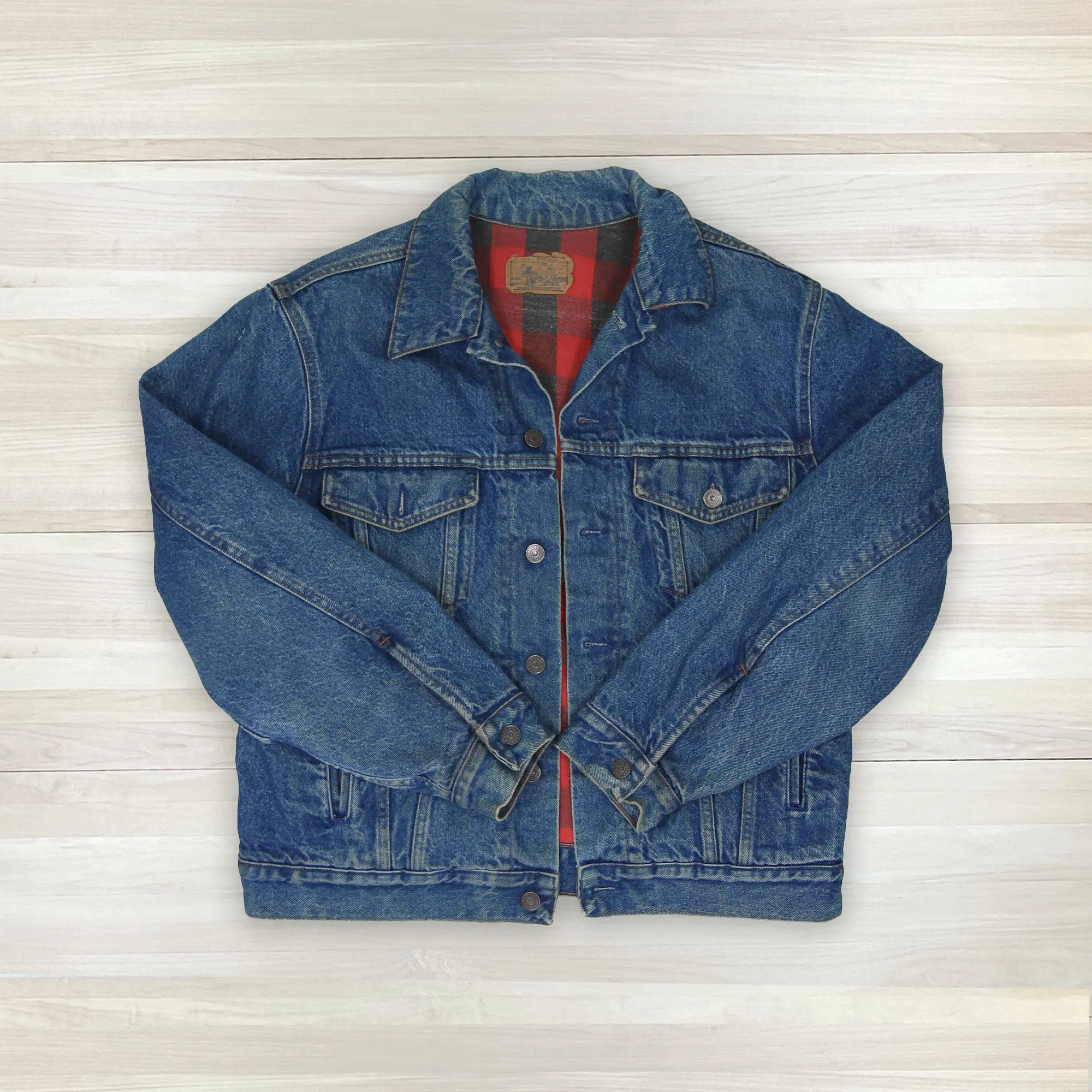 Vintage Sears Plain Pockets Buffalo Plaid Lined Denim Trucker Jacket 44 Regular