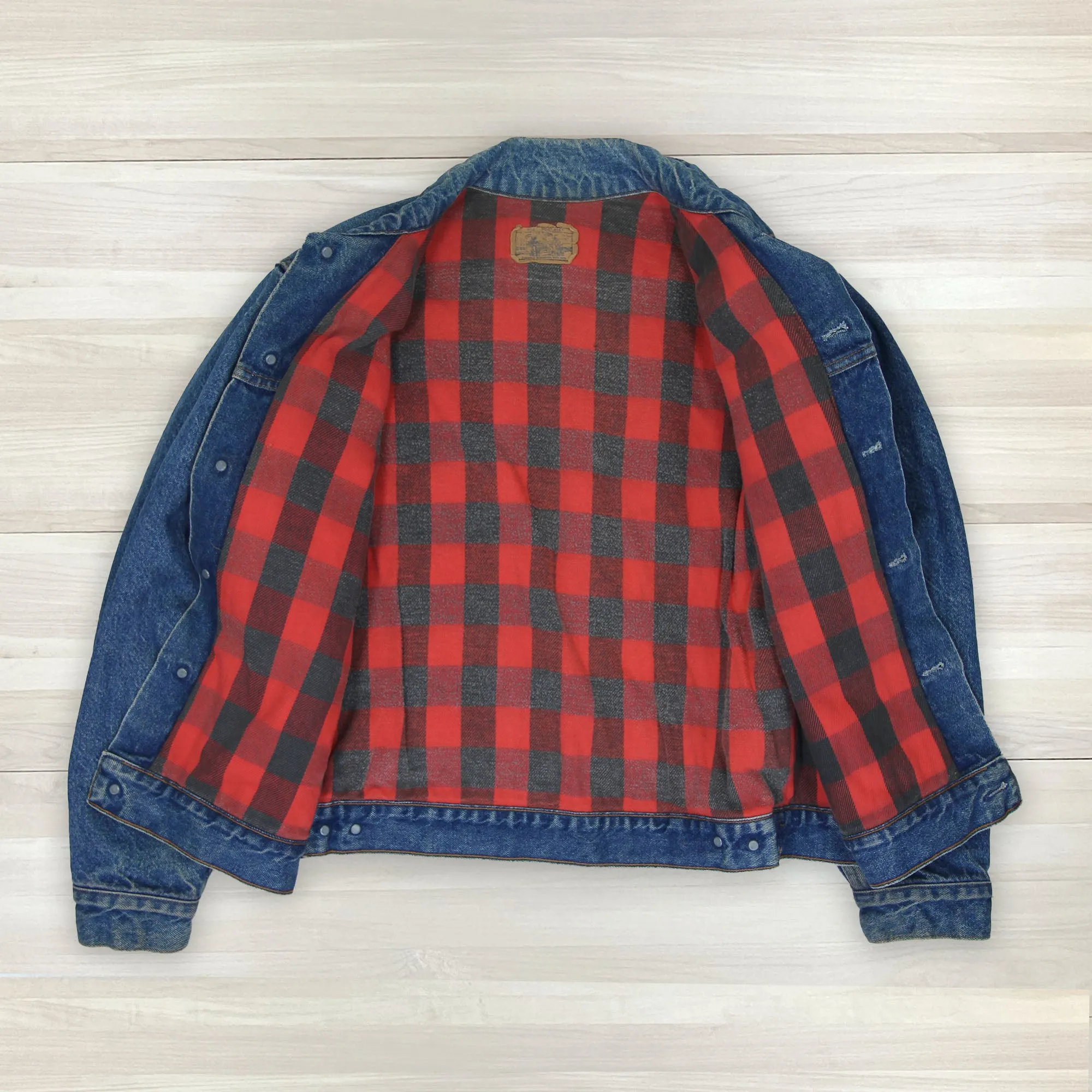 Vintage Sears Plain Pockets Buffalo Plaid Lined Denim Trucker Jacket 44 Regular