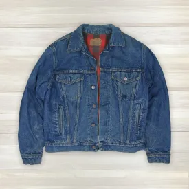 Vintage Sears Plain Pockets Buffalo Plaid Lined Denim Trucker Jacket 44 Regular