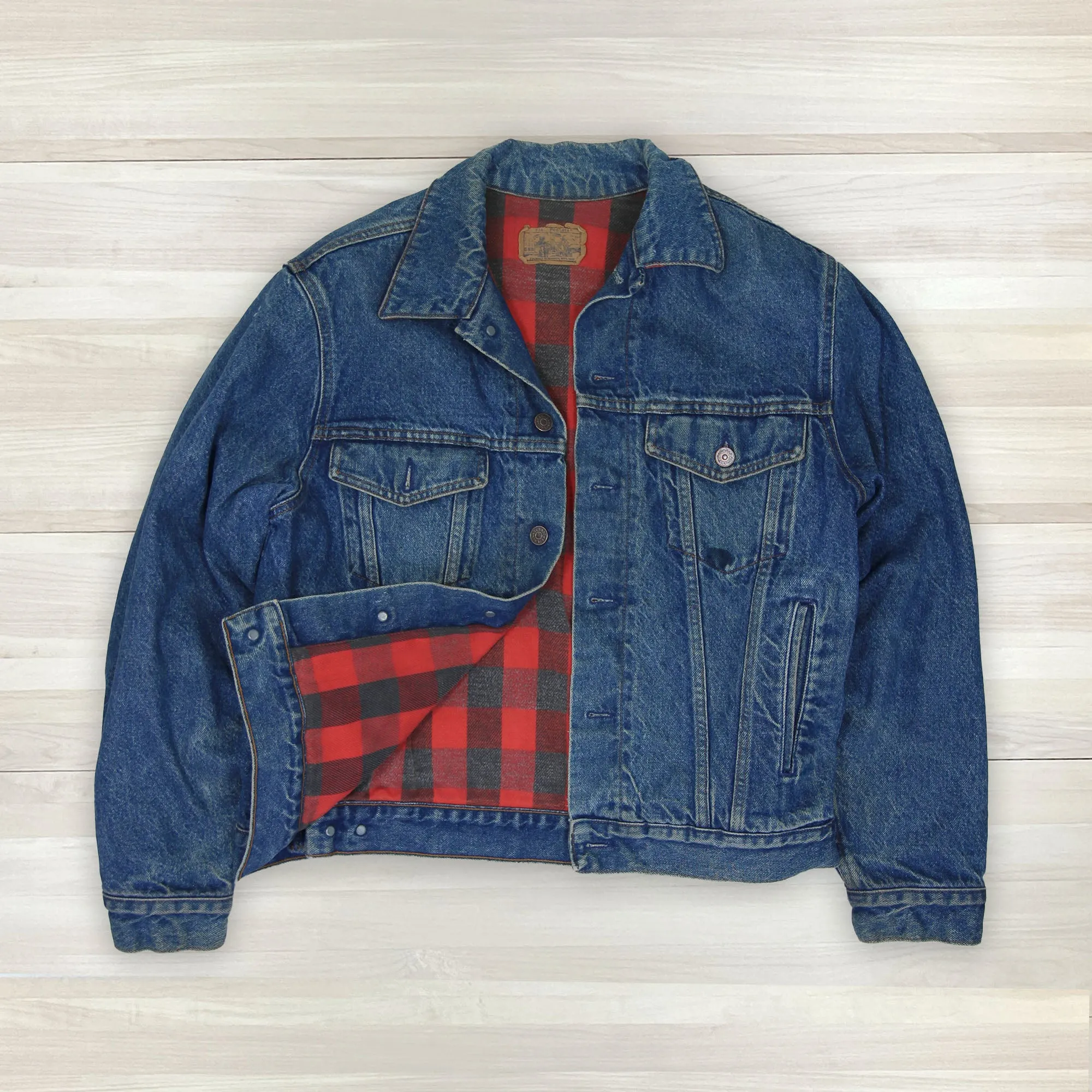 Vintage Sears Plain Pockets Buffalo Plaid Lined Denim Trucker Jacket 44 Regular