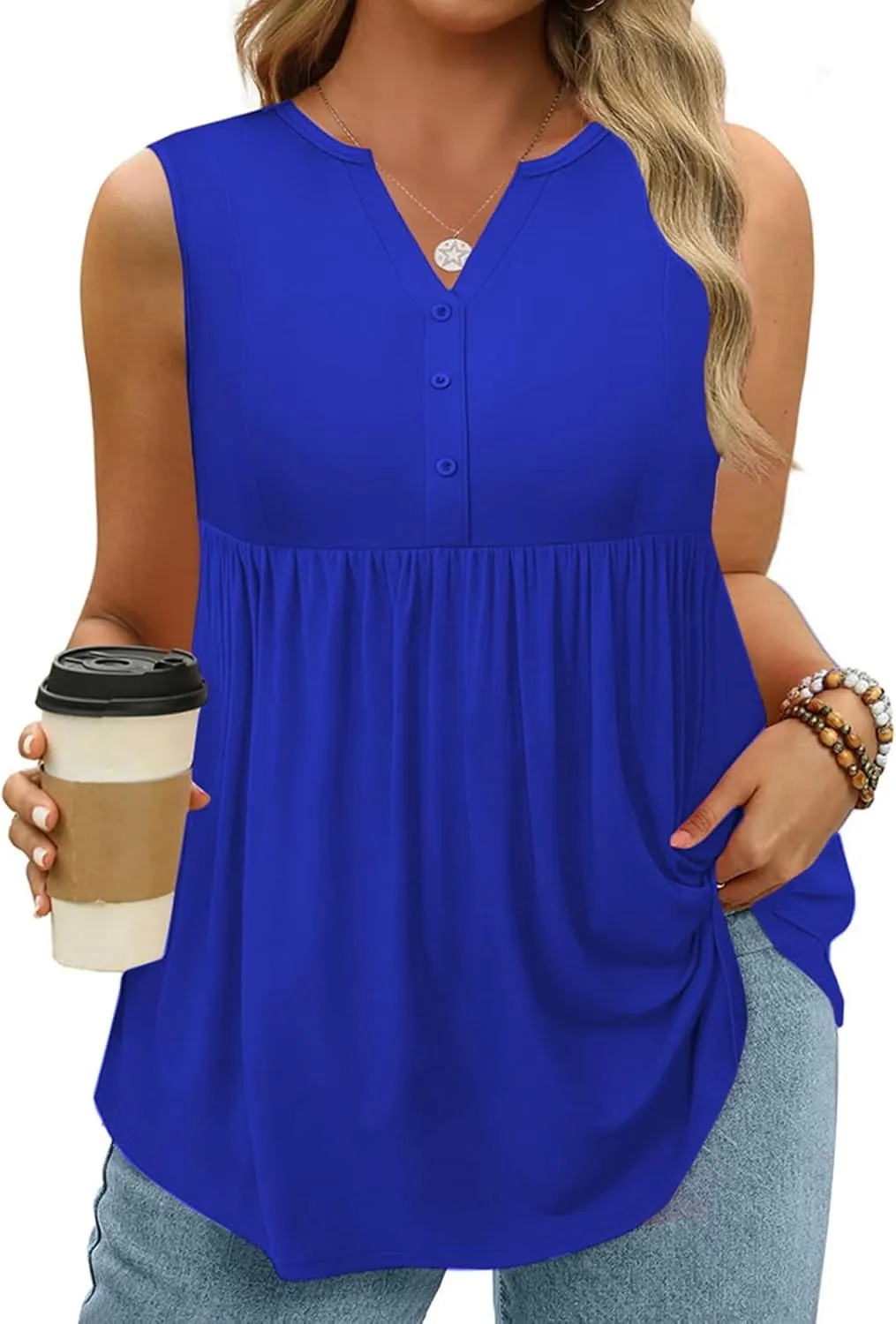 VISLILY Womens-Plus-Size-Sleeveless-Henley-Shirts Casual V Neck Summer Tank Tops Flowy Pleated Tunics Cute Buttons Up Blouses