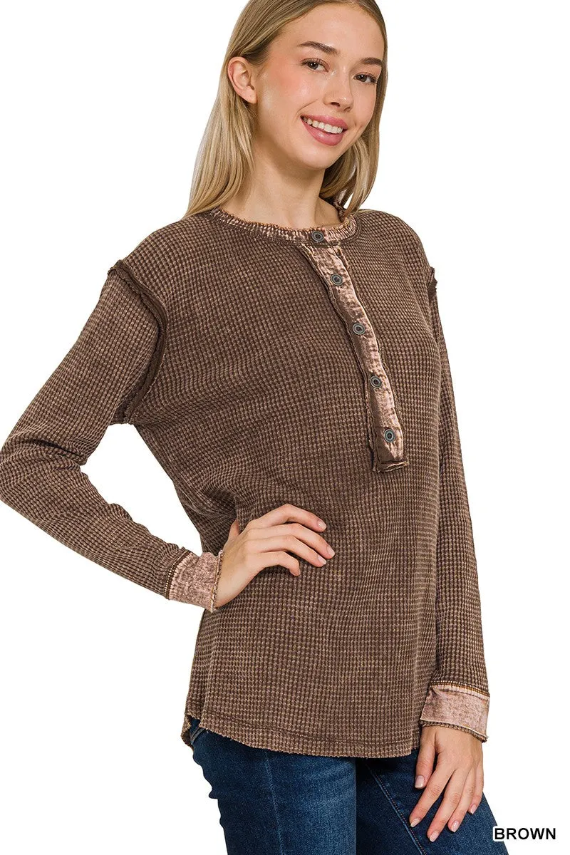 Washed Baby Waffle Long Sleeve Henley Top - Final Sale