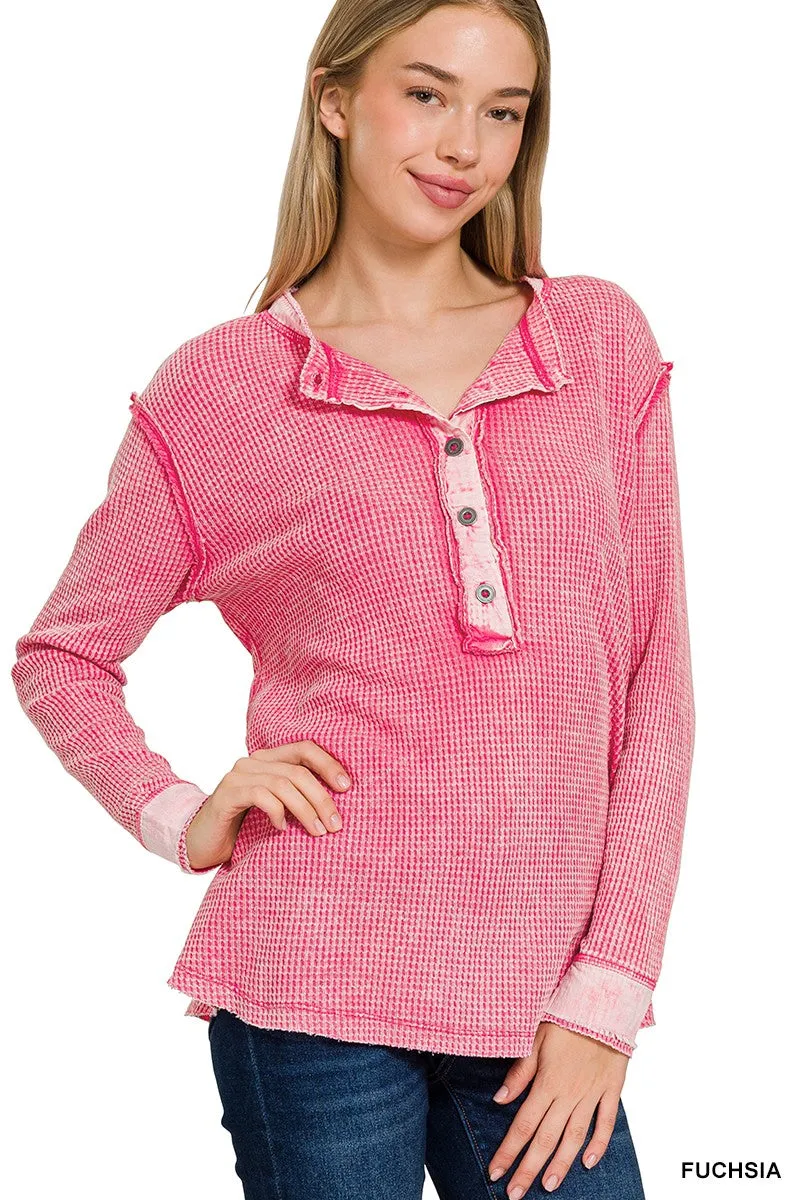Washed Baby Waffle Long Sleeve Henley Top - Final Sale