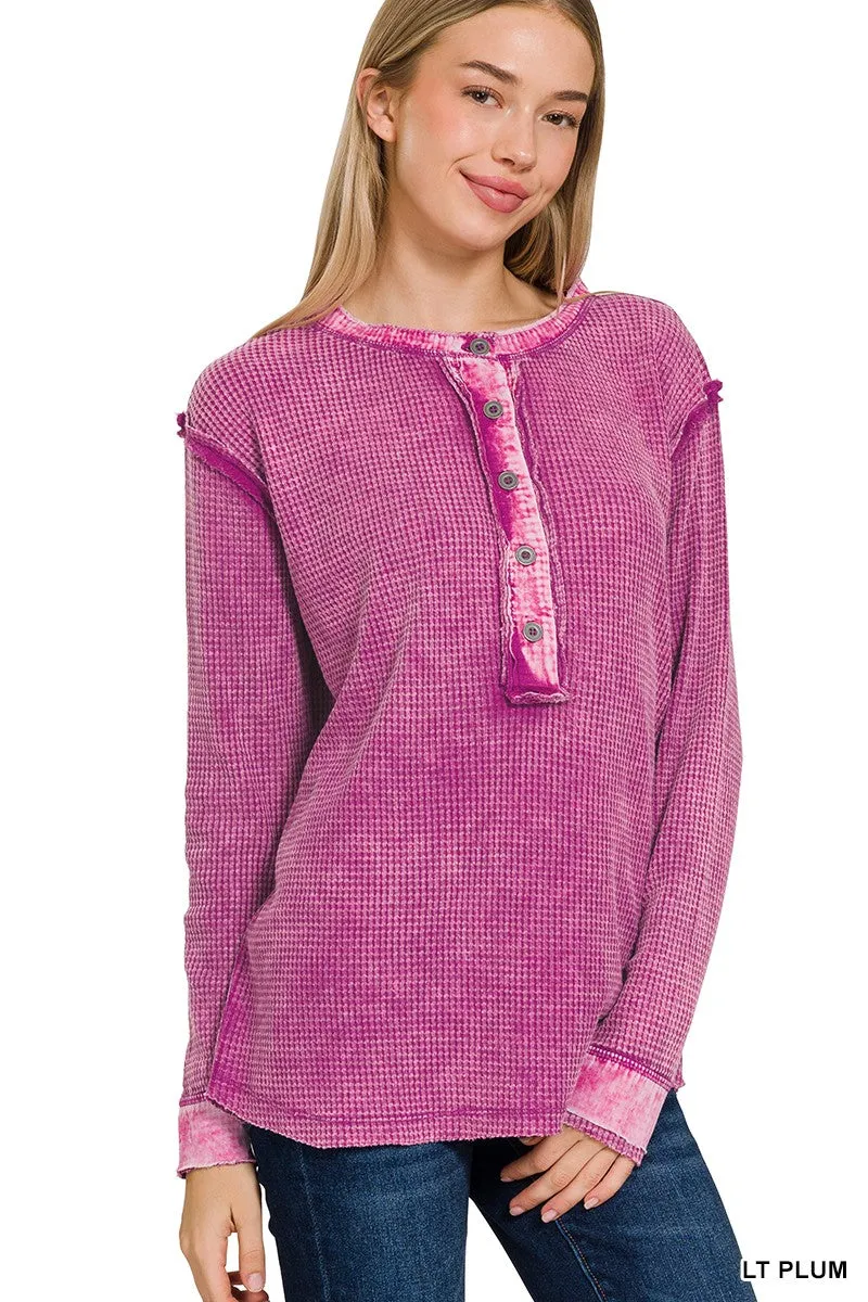 Washed Baby Waffle Long Sleeve Henley Top - Final Sale