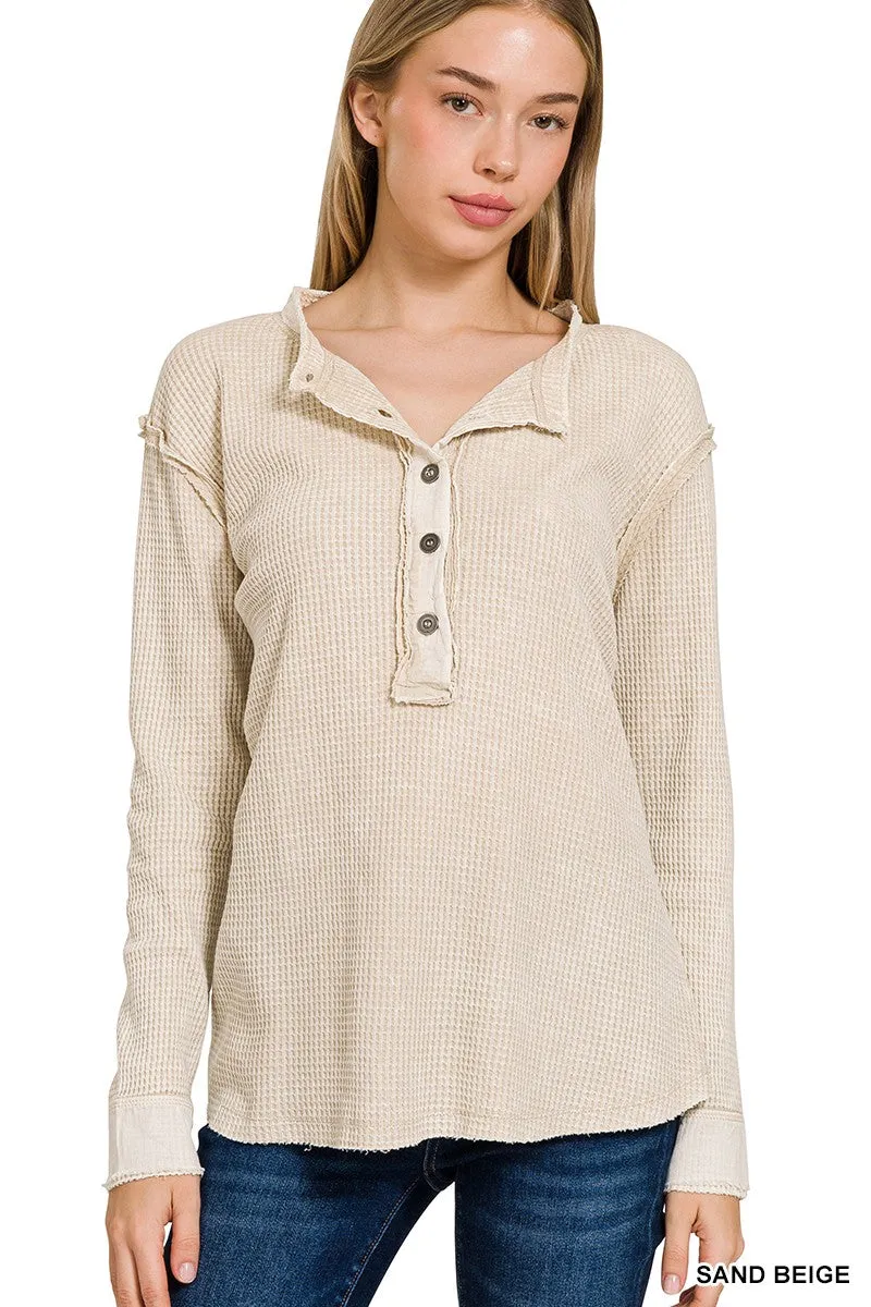 Washed Baby Waffle Long Sleeve Henley Top - Final Sale