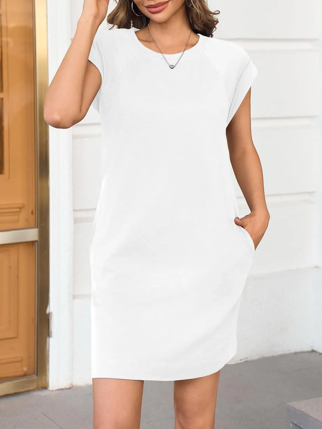 Wenrine Womens Summer T Shirt Dress Casual Cap Sleeve Crewneck Loose Shift Mini Dresses