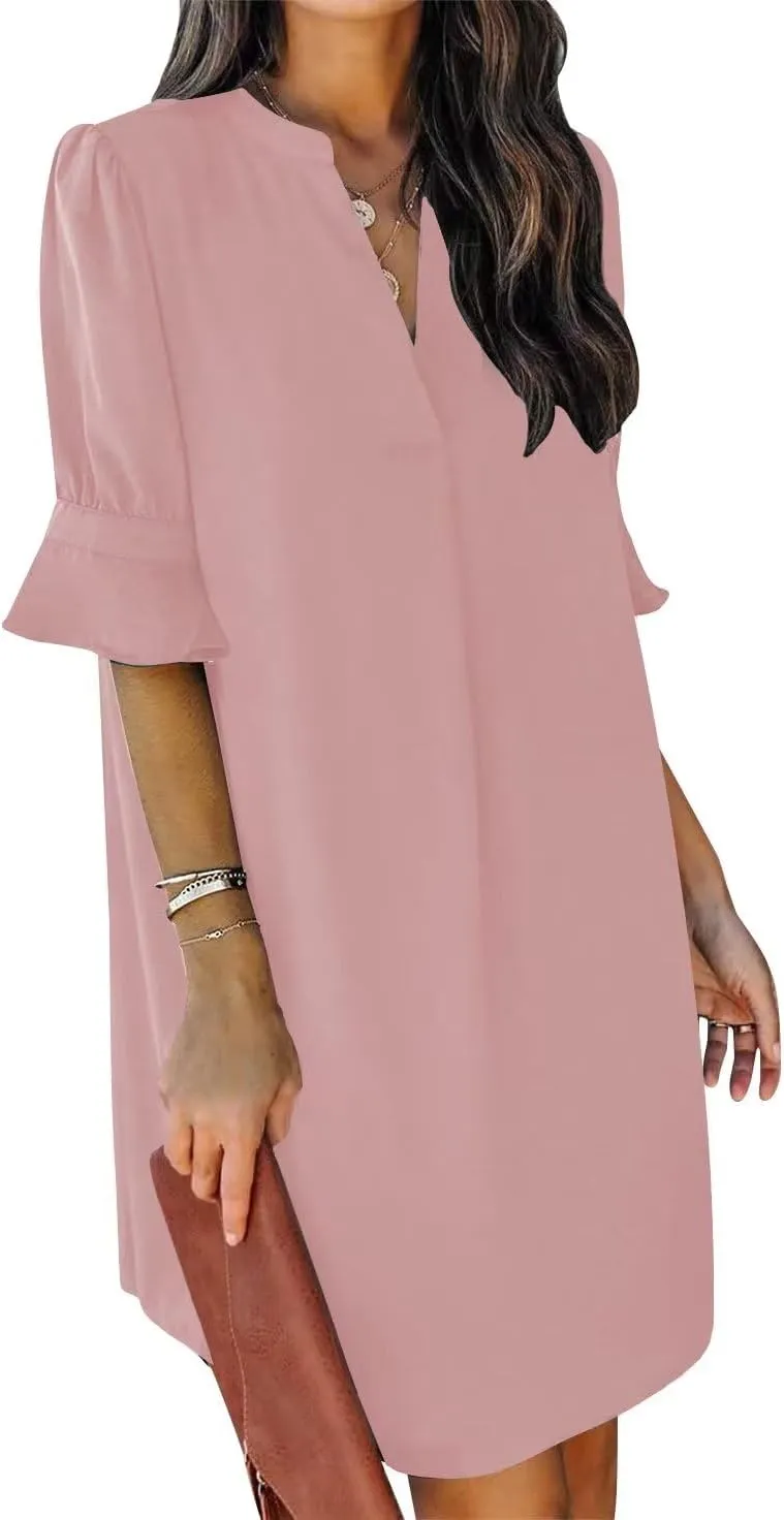 Wkior Shift Dress for Women V Neck Short Sleeves Solid Color Casual Flowy Summer Dresses(S-2XL)
