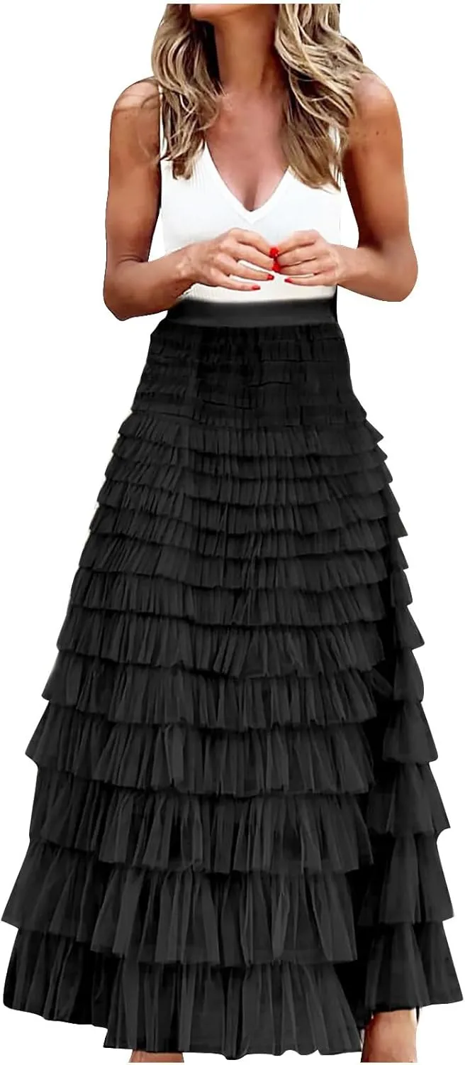 Women Flowy Maxi Skirts High Waist Elastic Multilayer Tulle Pleated Fairy Tiered Layered Ruffle Long Cake Skirt