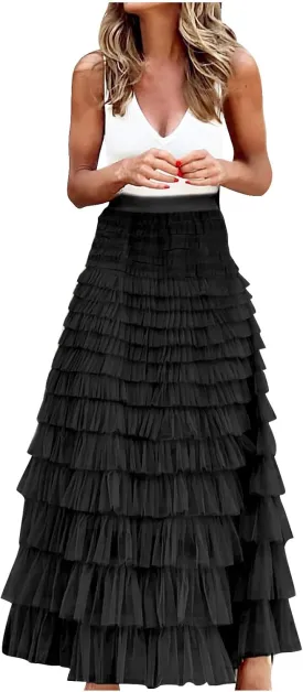 Women Flowy Maxi Skirts High Waist Elastic Multilayer Tulle Pleated Fairy Tiered Layered Ruffle Long Cake Skirt