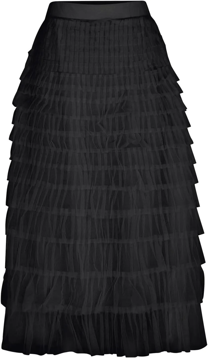 Women Flowy Maxi Skirts High Waist Elastic Multilayer Tulle Pleated Fairy Tiered Layered Ruffle Long Cake Skirt