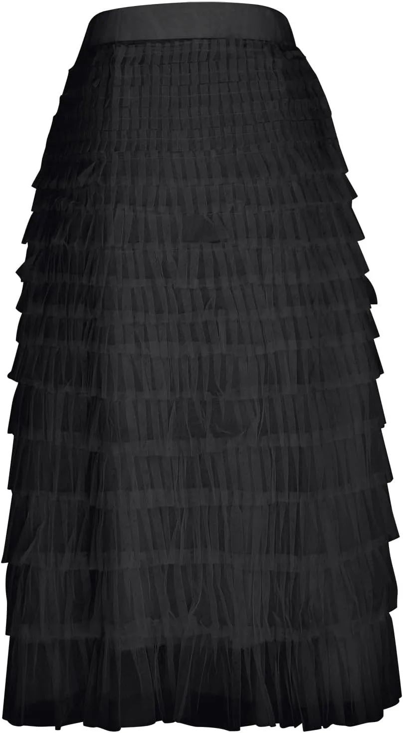 Women Flowy Maxi Skirts High Waist Elastic Multilayer Tulle Pleated Fairy Tiered Layered Ruffle Long Cake Skirt