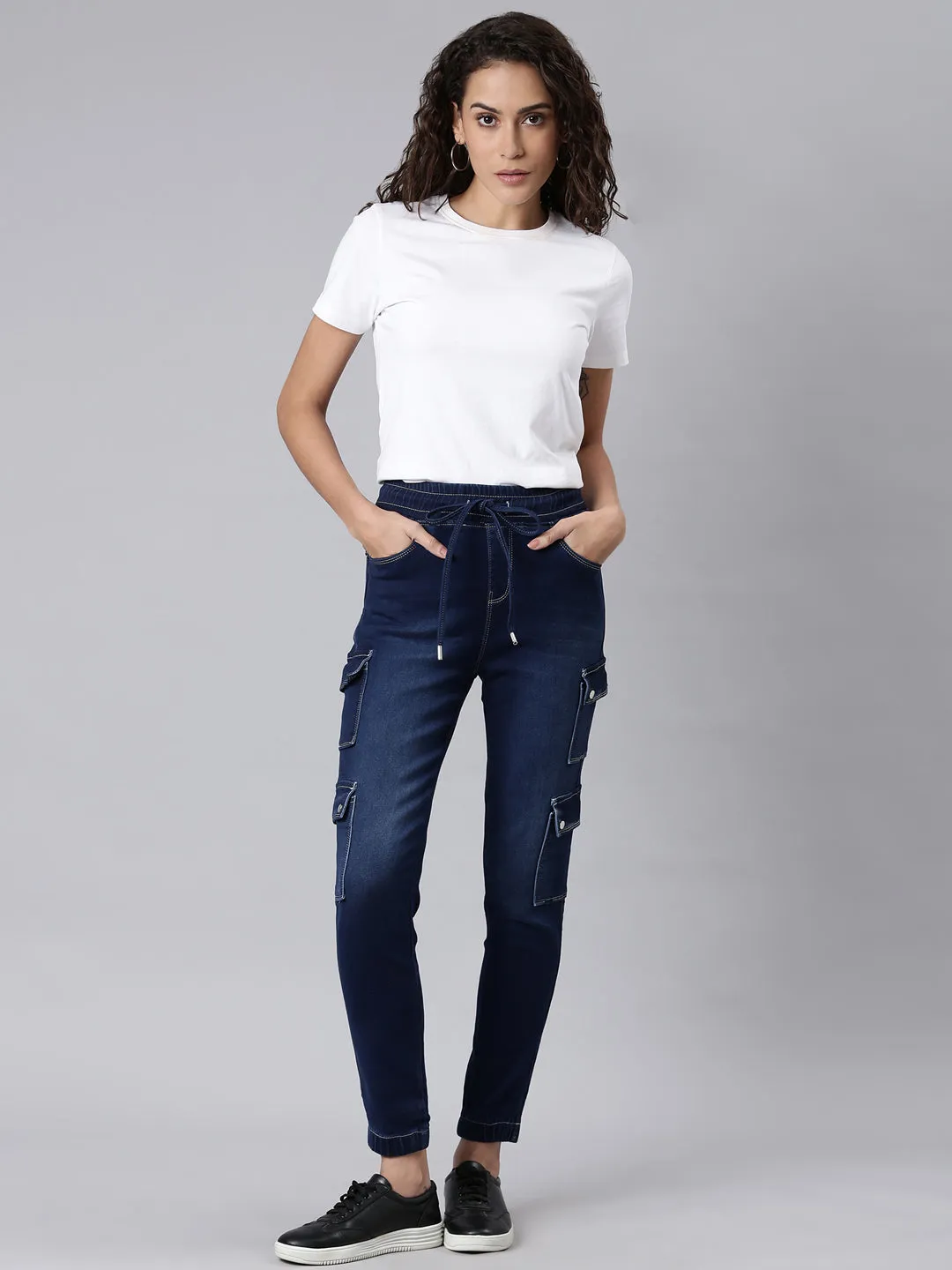 Women Navy Blue Solid Jogger Denim Jeans
