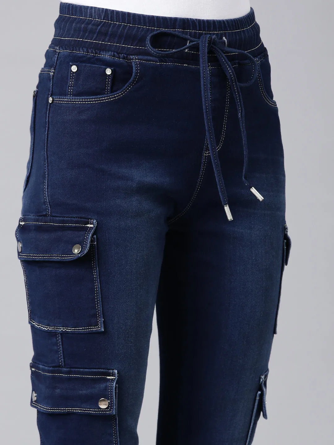Women Navy Blue Solid Jogger Denim Jeans