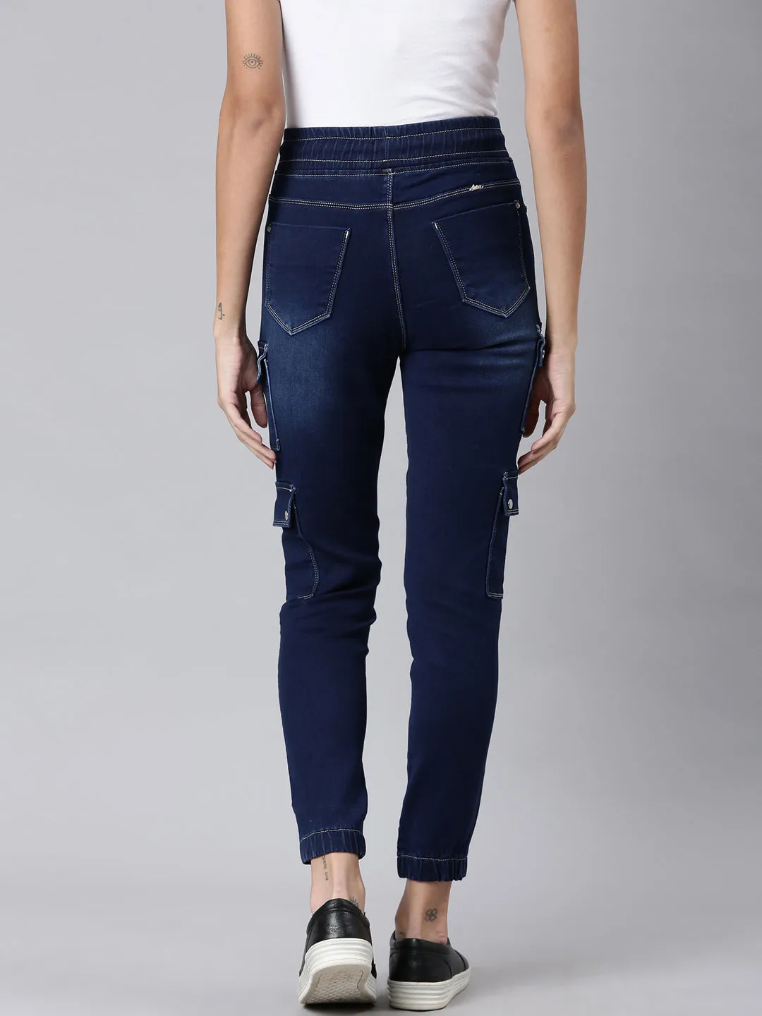 Women Navy Blue Solid Jogger Denim Jeans