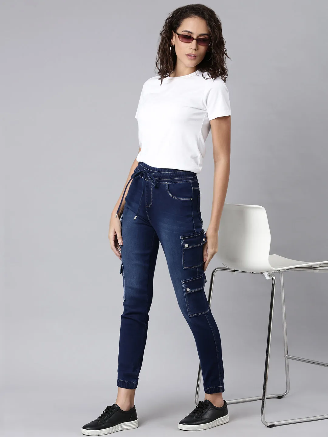 Women Navy Blue Solid Jogger Denim Jeans