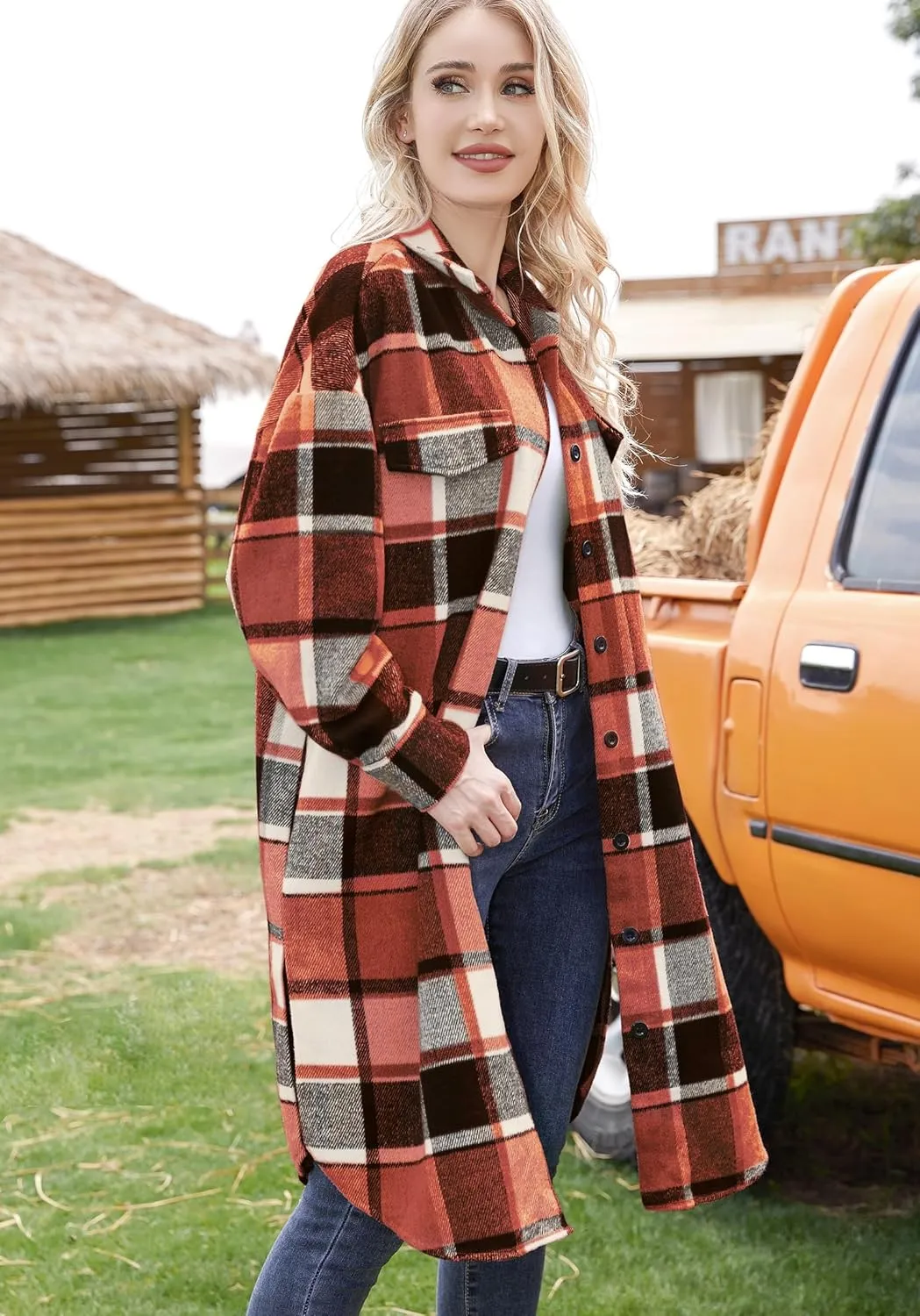 Women's 2024 Plaid Shacket Jacket Casual Button Wool Blend Long Tartan Trench Coat with Pockets Fall Winter
