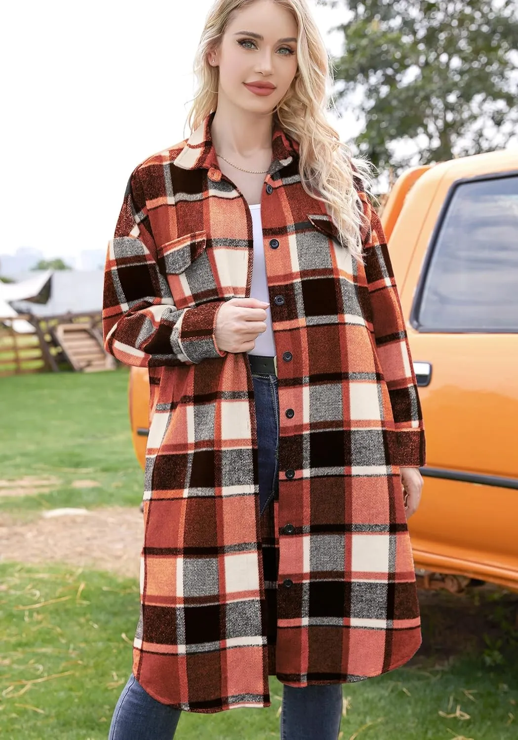 Women's 2024 Plaid Shacket Jacket Casual Button Wool Blend Long Tartan Trench Coat with Pockets Fall Winter