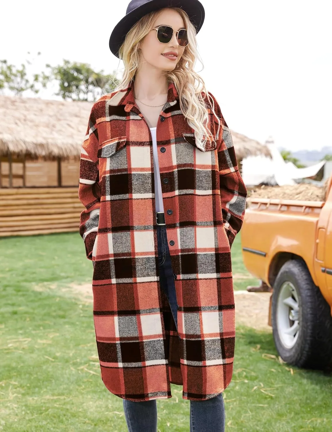 Women's 2024 Plaid Shacket Jacket Casual Button Wool Blend Long Tartan Trench Coat with Pockets Fall Winter
