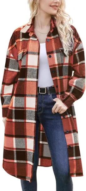 Women's 2024 Plaid Shacket Jacket Casual Button Wool Blend Long Tartan Trench Coat with Pockets Fall Winter