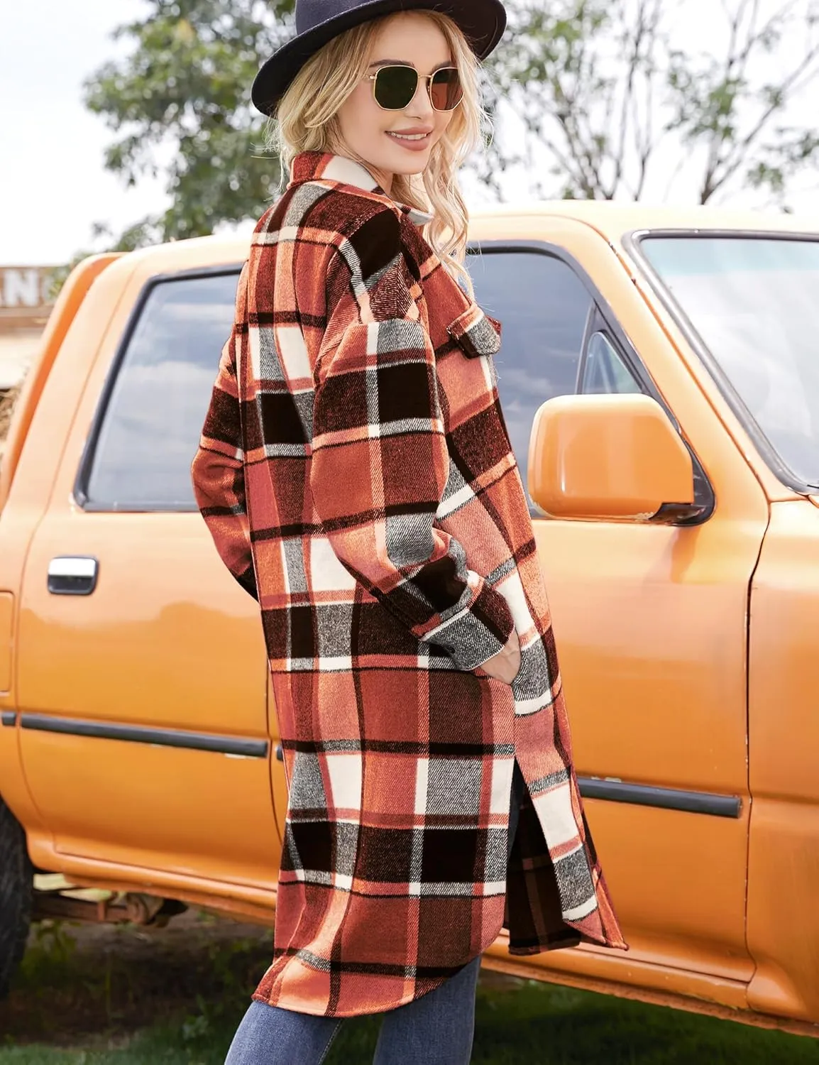 Women's 2024 Plaid Shacket Jacket Casual Button Wool Blend Long Tartan Trench Coat with Pockets Fall Winter
