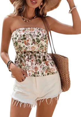 Women's Boho Floral Strapless Bandeau Tank Ruffle Backless Tube Top Summer Casual Holiday Beach Tanks Shirt