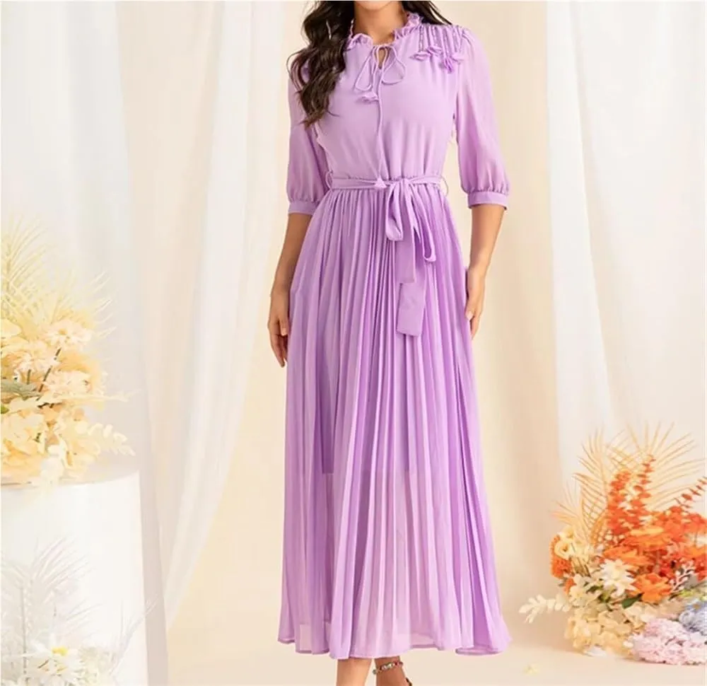 Women's Elegant Floral Chiffon Swing Dress Lace Collar Mid Sleeve Casual Holiday Party Maxi Dresses