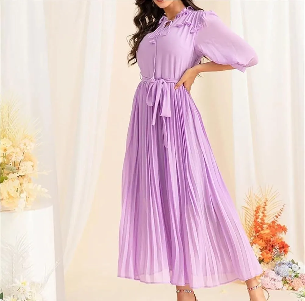Women's Elegant Floral Chiffon Swing Dress Lace Collar Mid Sleeve Casual Holiday Party Maxi Dresses