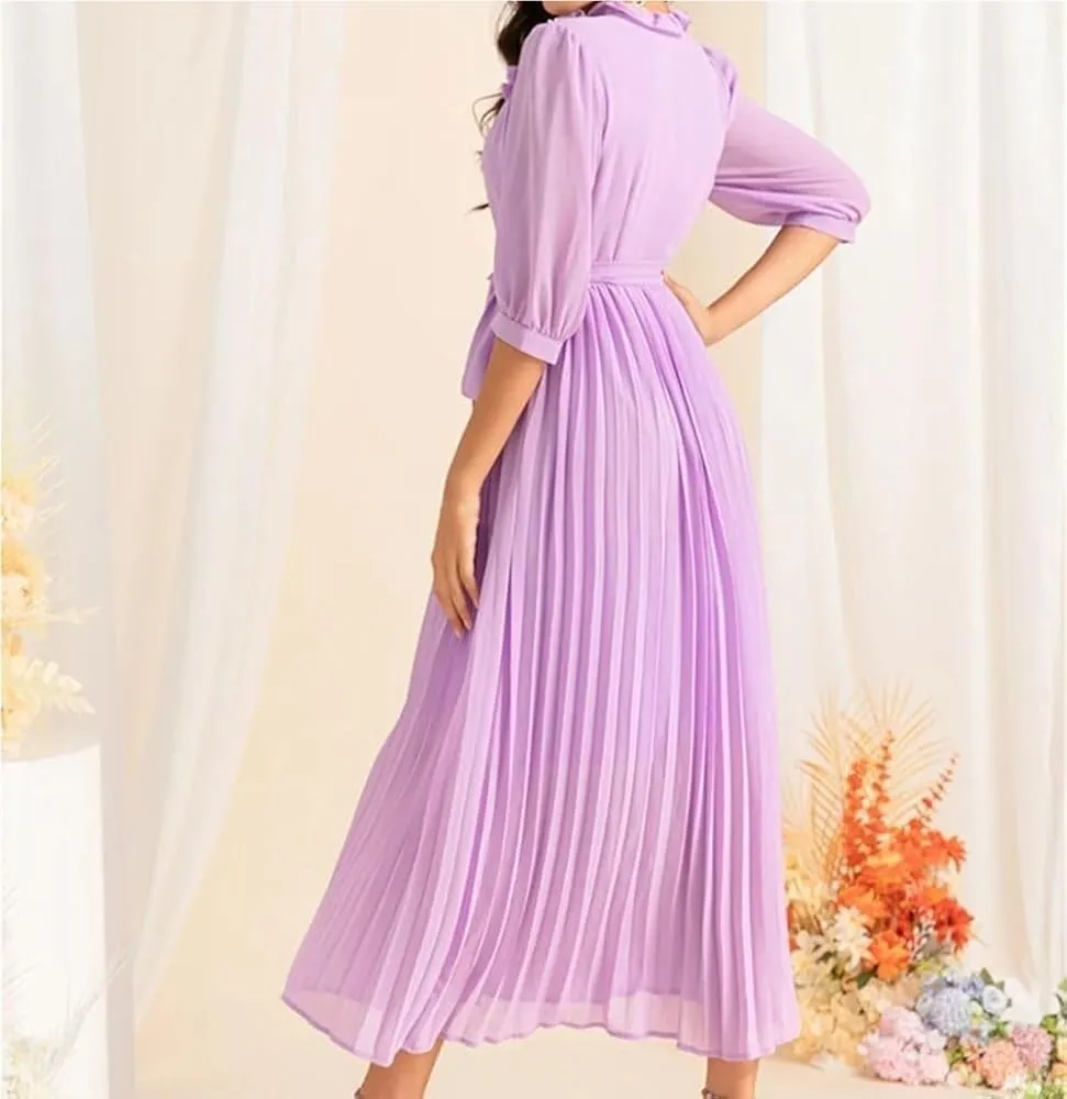 Women's Elegant Floral Chiffon Swing Dress Lace Collar Mid Sleeve Casual Holiday Party Maxi Dresses