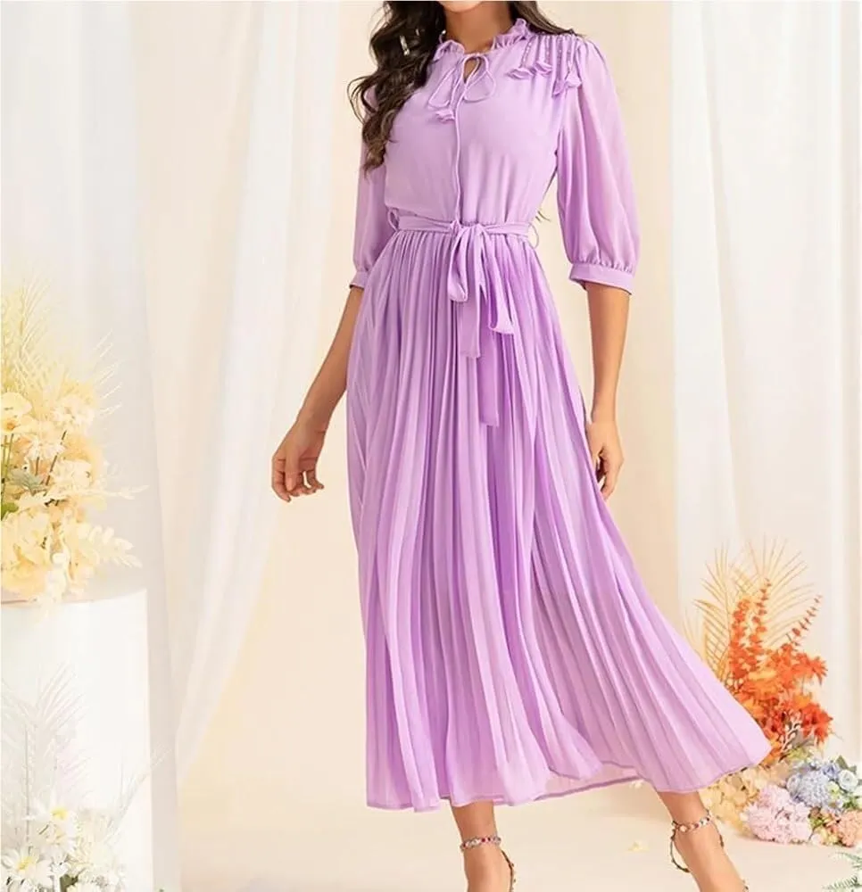 Women's Elegant Floral Chiffon Swing Dress Lace Collar Mid Sleeve Casual Holiday Party Maxi Dresses