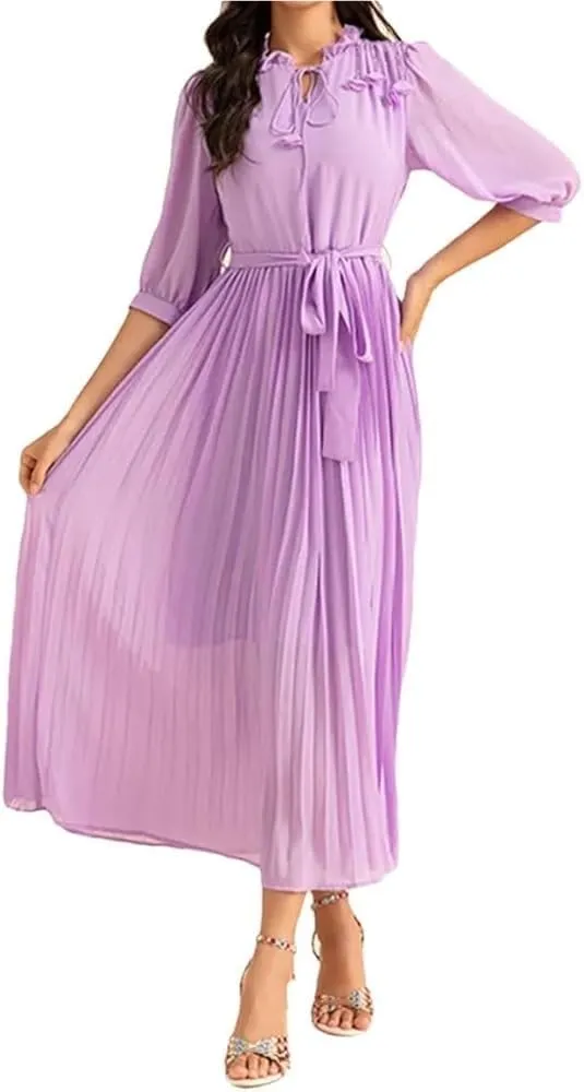 Women's Elegant Floral Chiffon Swing Dress Lace Collar Mid Sleeve Casual Holiday Party Maxi Dresses