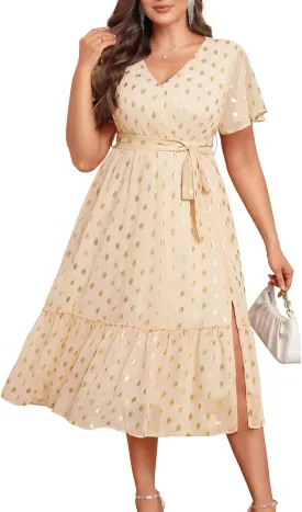 Women's Plus Size Dress for Wedding Guest - Semi Formal Cocktail Holiday Gold Dot Midi Dresses