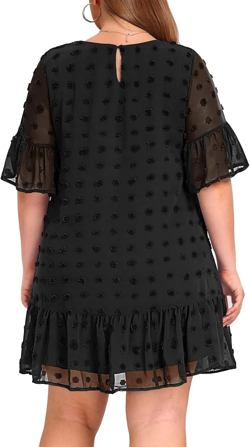 Women's Plus Size Swiss Dot Short Sleeve Ruffle Cute Summer Chiffon Loose Flowy Shift Mini Dress