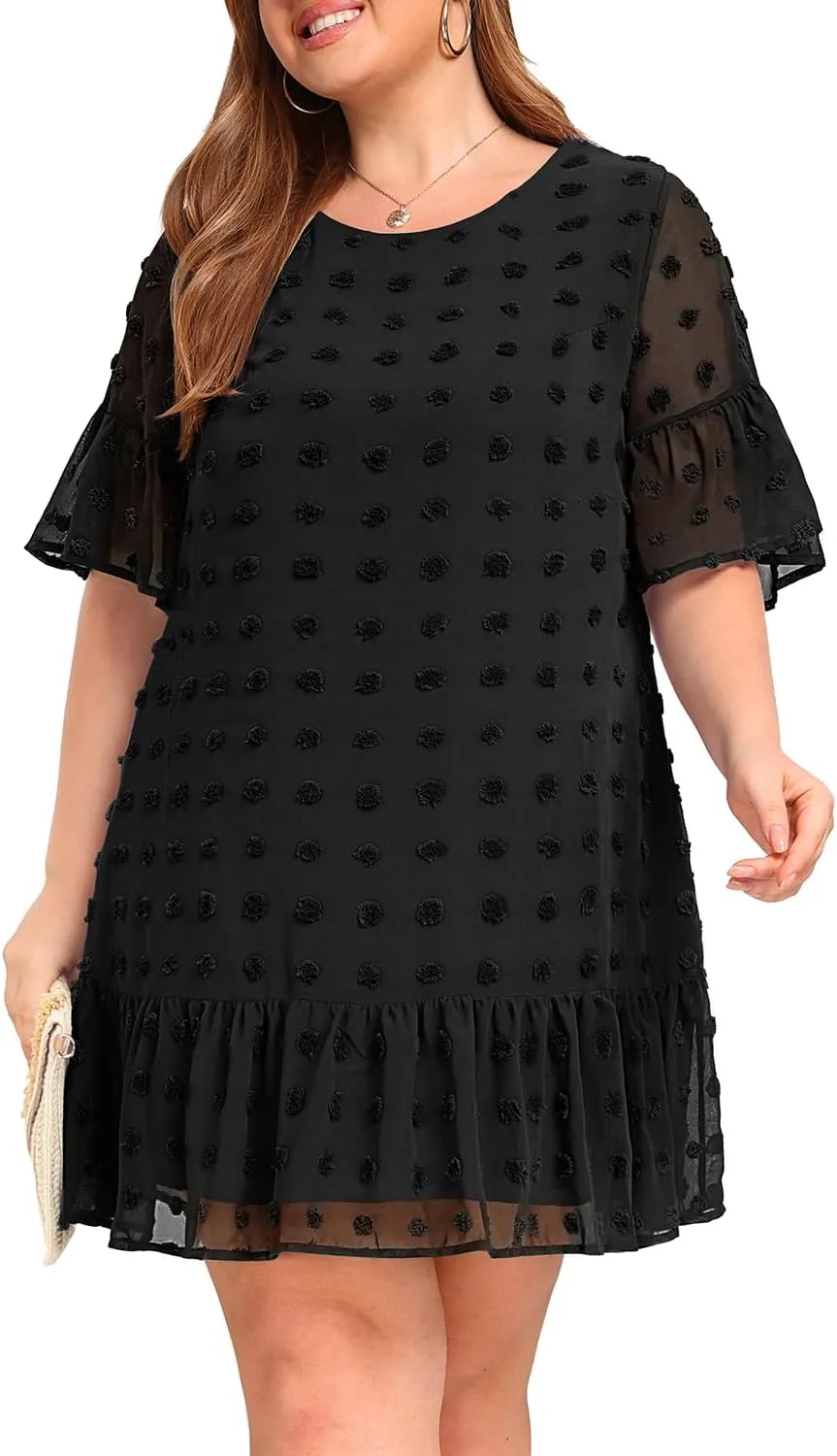 Women's Plus Size Swiss Dot Short Sleeve Ruffle Cute Summer Chiffon Loose Flowy Shift Mini Dress