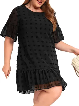 Women's Plus Size Swiss Dot Short Sleeve Ruffle Cute Summer Chiffon Loose Flowy Shift Mini Dress