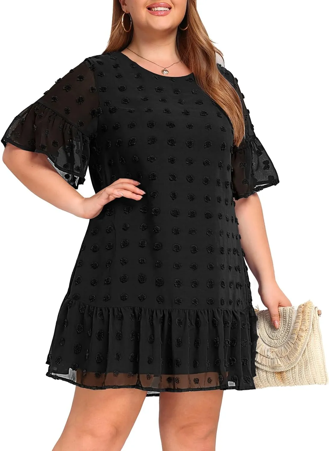 Women's Plus Size Swiss Dot Short Sleeve Ruffle Cute Summer Chiffon Loose Flowy Shift Mini Dress