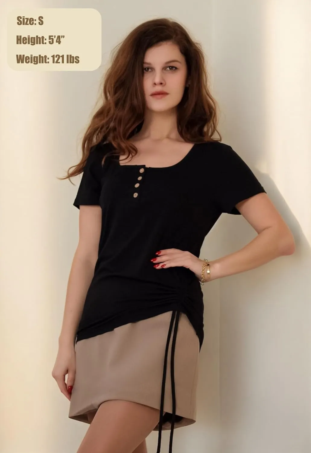 Womens Tops Short Sleeve Summer Henley Shirts Scoop Neck Ruched Blouses Dressy Casual Tunic Tops