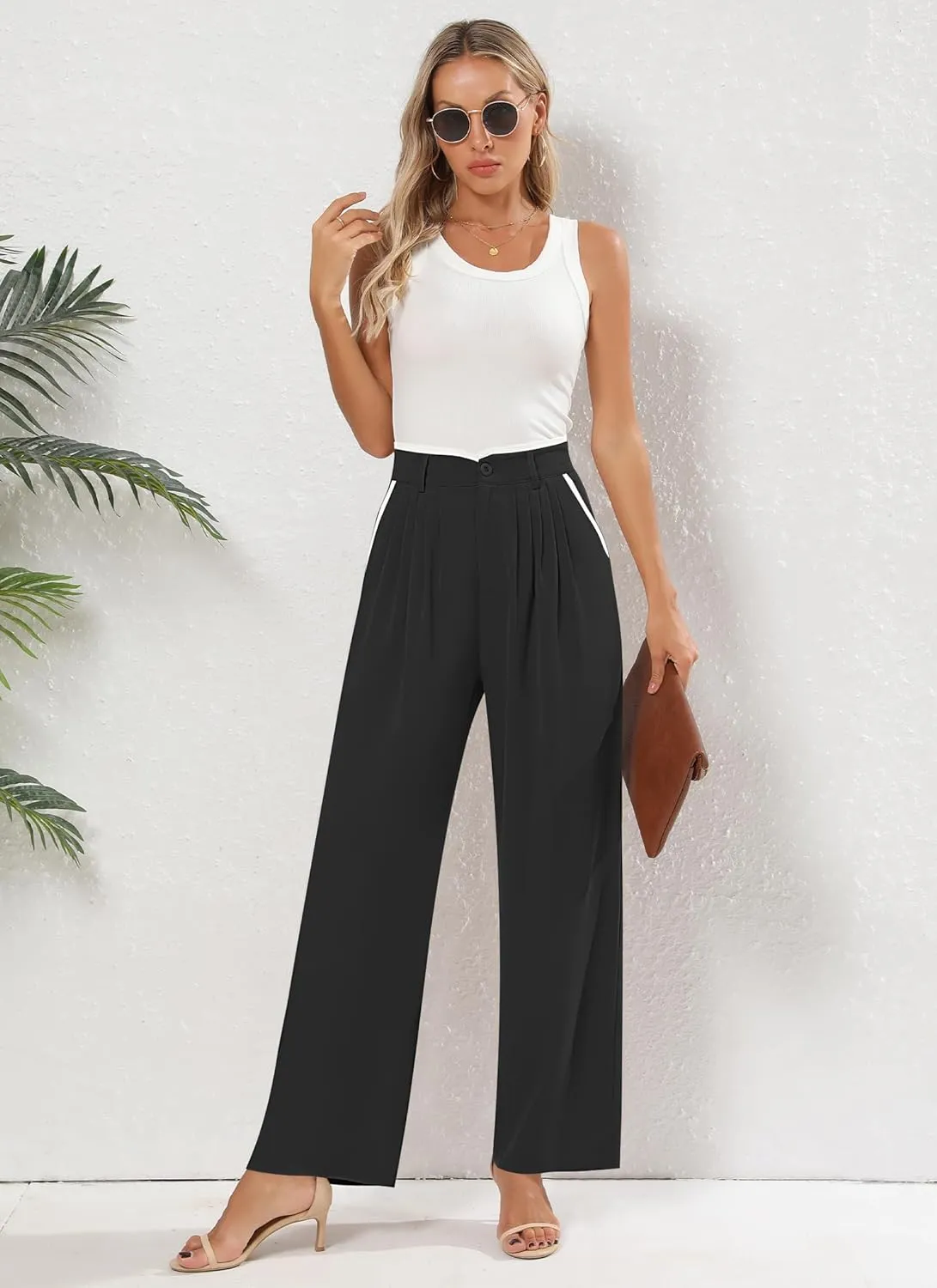 Women's Wide Leg Casual Business Pants with Pockets Pleated Flowy High Waisted Holiday Trousers Pants for Women