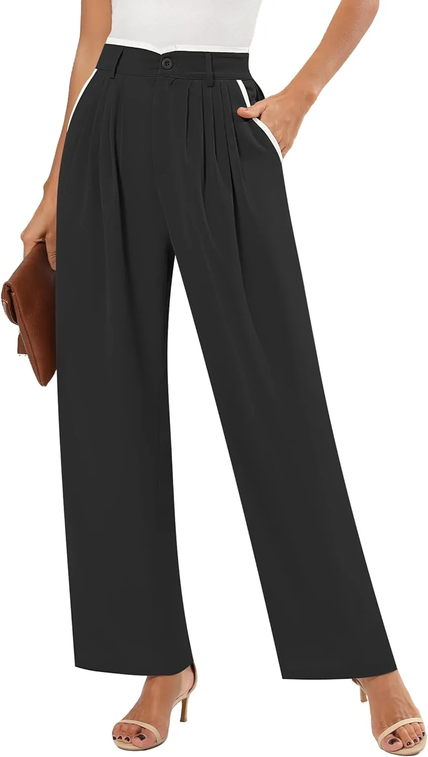 Women's Wide Leg Casual Business Pants with Pockets Pleated Flowy High Waisted Holiday Trousers Pants for Women