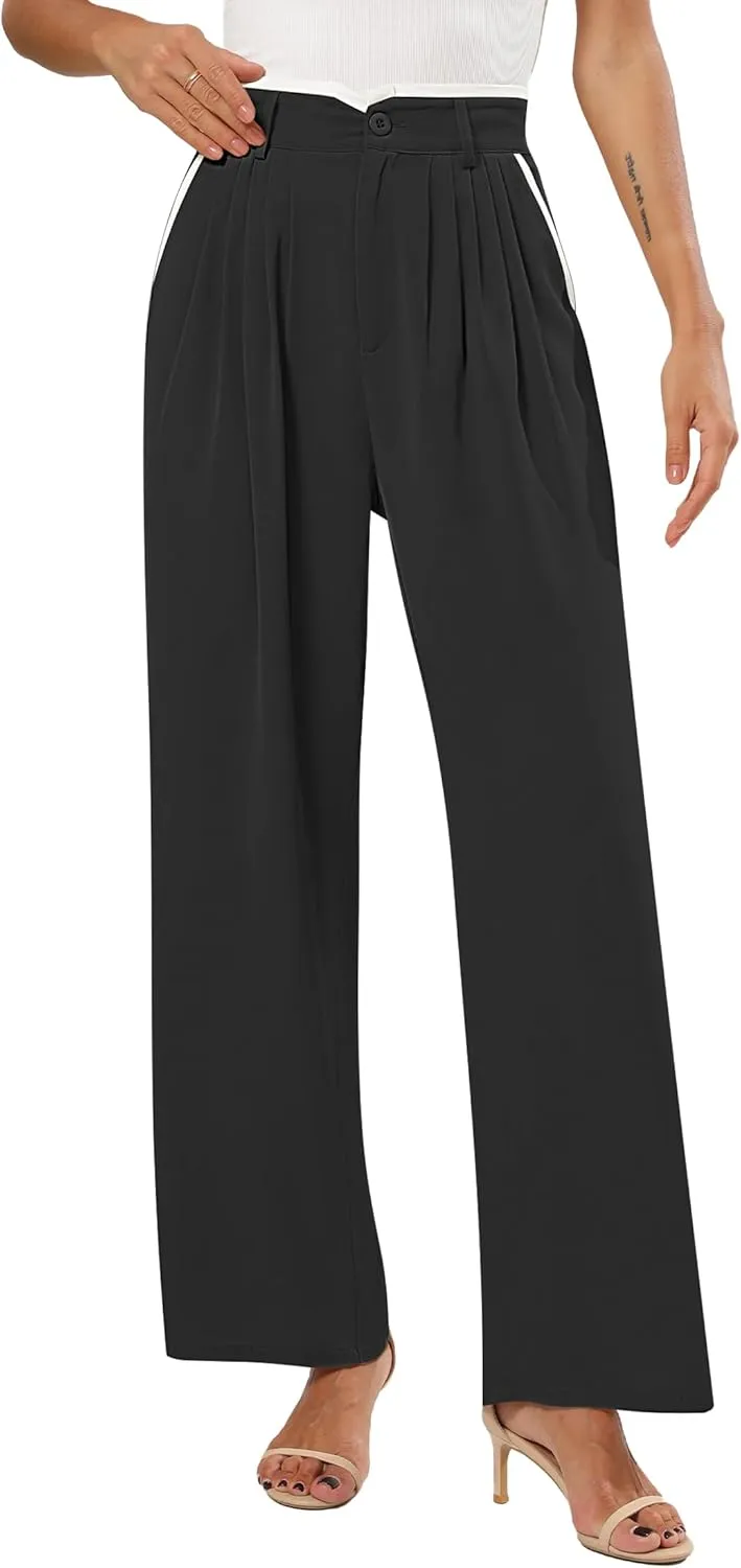 Women's Wide Leg Casual Business Pants with Pockets Pleated Flowy High Waisted Holiday Trousers Pants for Women