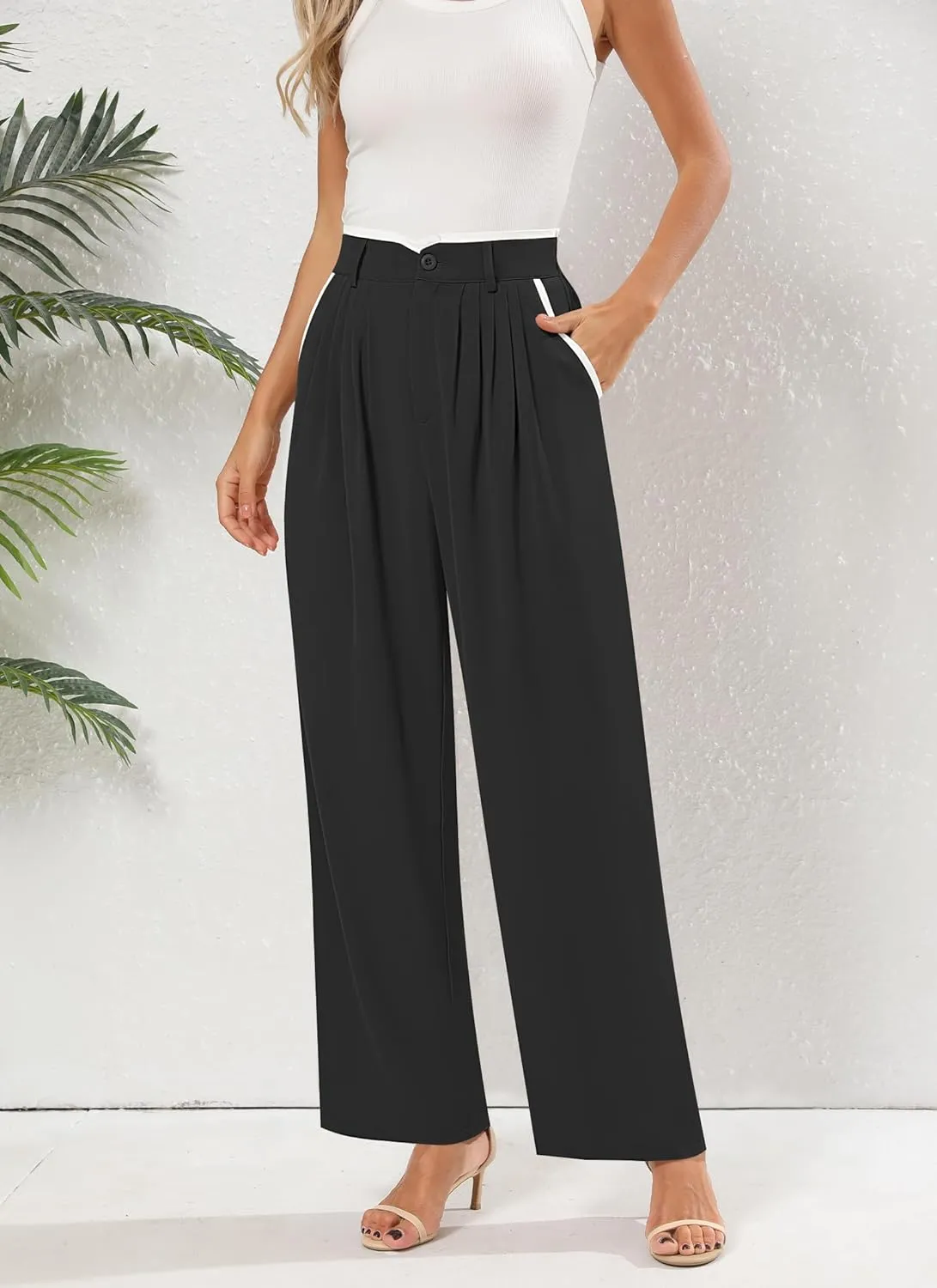 Women's Wide Leg Casual Business Pants with Pockets Pleated Flowy High Waisted Holiday Trousers Pants for Women
