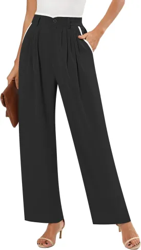 Women's Wide Leg Casual Business Pants with Pockets Pleated Flowy High Waisted Holiday Trousers Pants for Women