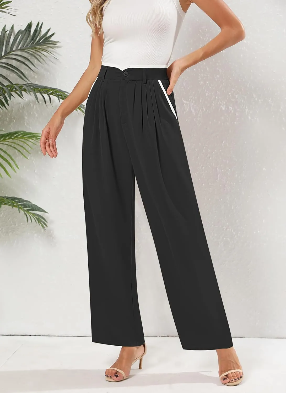 Women's Wide Leg Casual Business Pants with Pockets Pleated Flowy High Waisted Holiday Trousers Pants for Women