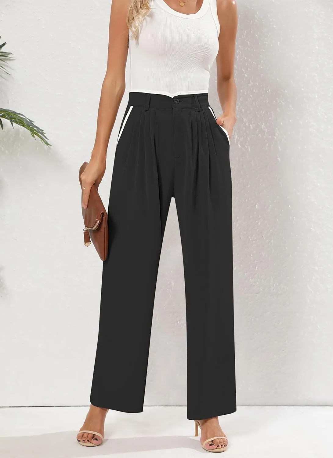 Women's Wide Leg Casual Business Pants with Pockets Pleated Flowy High Waisted Holiday Trousers Pants for Women