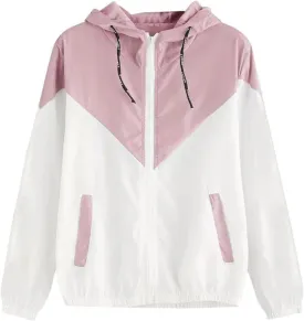 Womens Windbreaker Jacket Color Block Drawstring Hooded Sports Jacket Lightweight Outdoor Raincoat