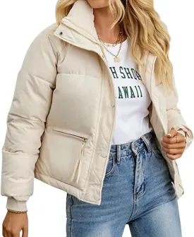 Womens Winter Cropped Puffer Jacket Coat Short Warm Quilted Jacket Lightweight Outwear Long Sleeve Zip Up Coat