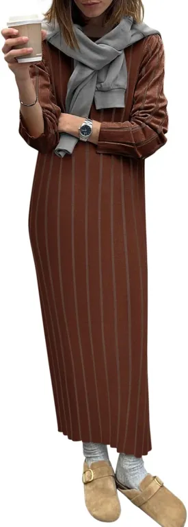 Yousify Womens 2025 Trendy Spring Long Sleeve Sweater Dresses Casual Round Neck Split Hem Striped Midi Dress