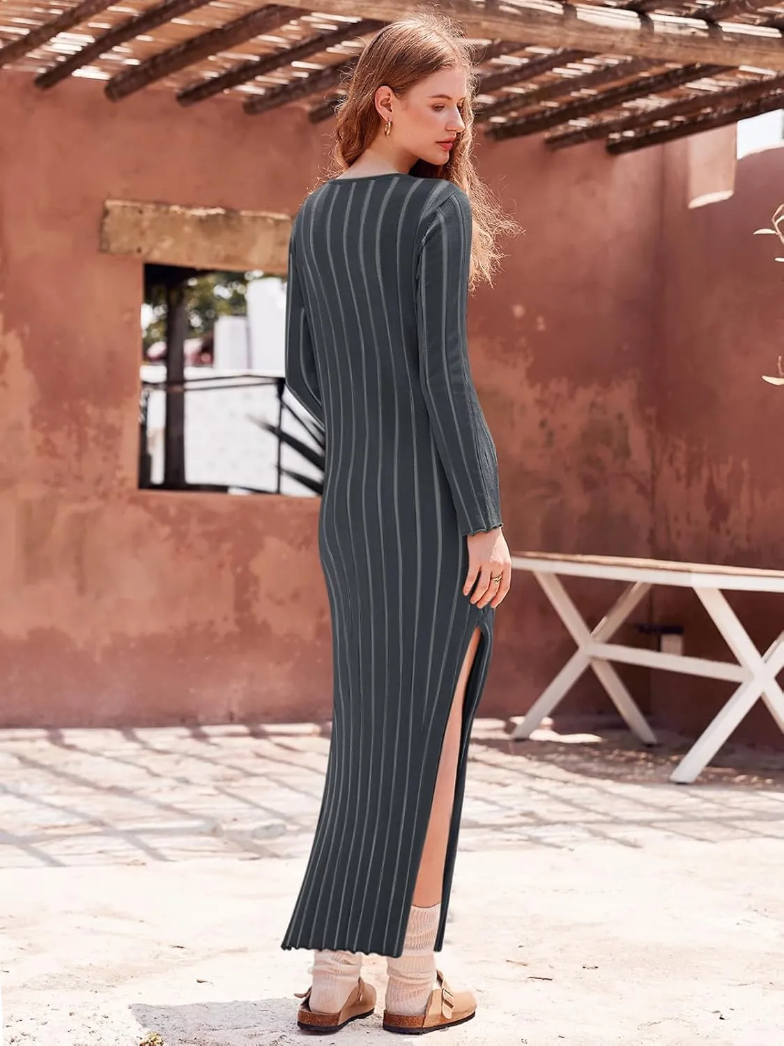 Yousify Womens 2025 Trendy Spring Long Sleeve Sweater Dresses Casual Round Neck Split Hem Striped Midi Dress