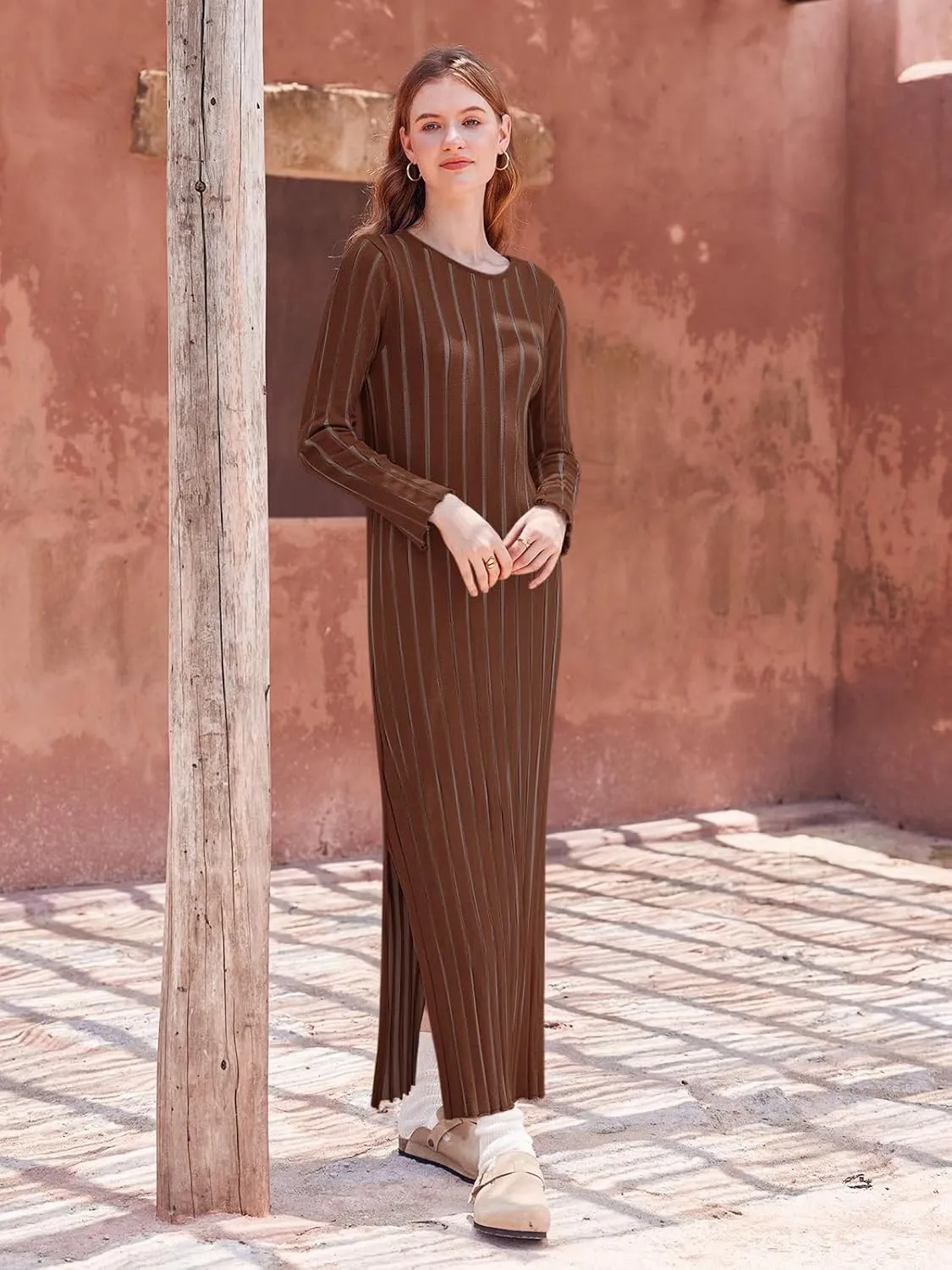 Yousify Womens 2025 Trendy Spring Long Sleeve Sweater Dresses Casual Round Neck Split Hem Striped Midi Dress
