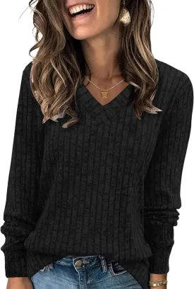 Zeagoo Long Sleeve Shirts for Women V Neck Casual Sweaters Basic Knit 2024 Fall Fashion Pullover Tops